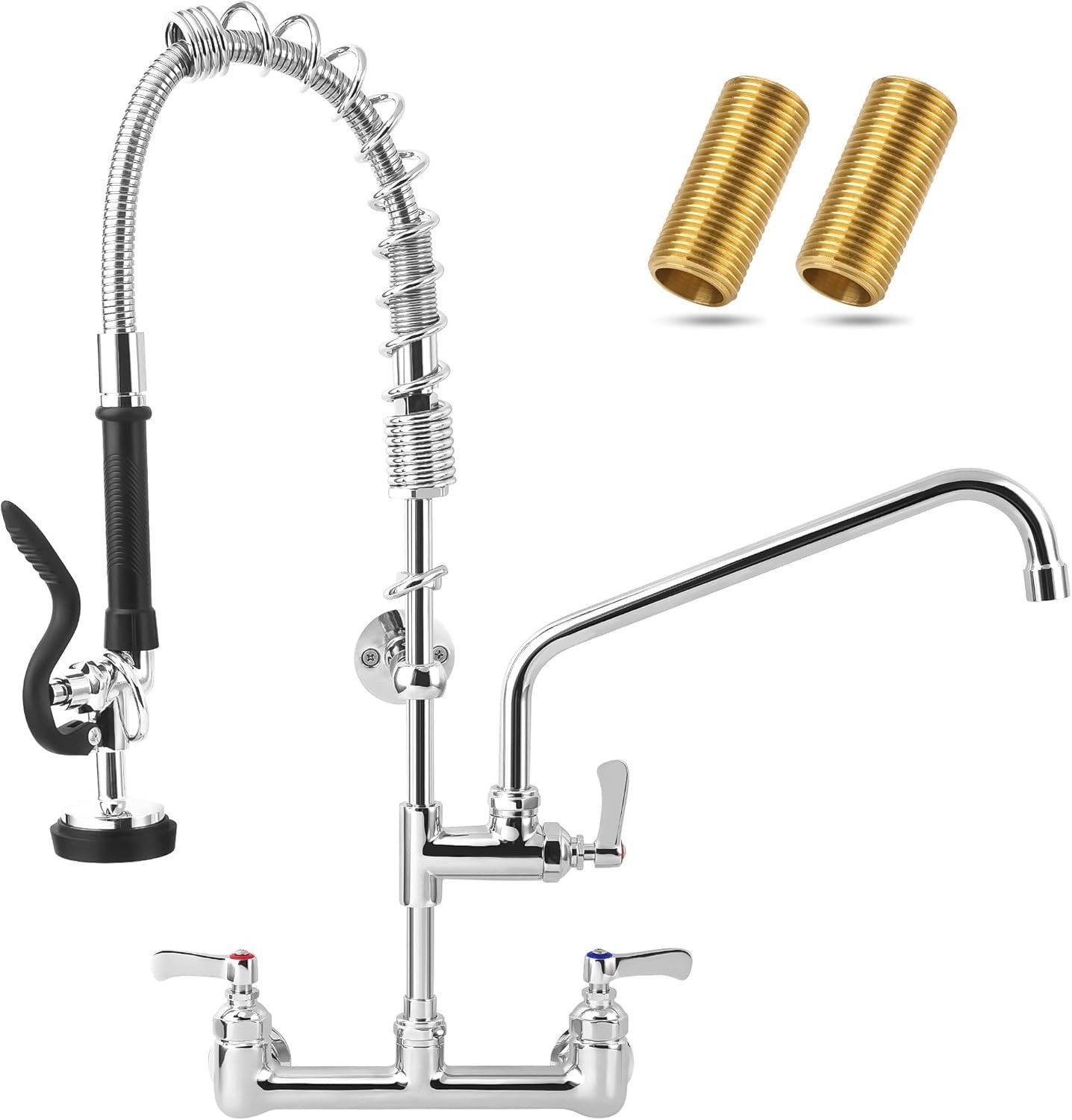 Commercial Sink Faucet - 25" Height Wall Mount With Pre-Rinse Sprayer - 8" Adjus