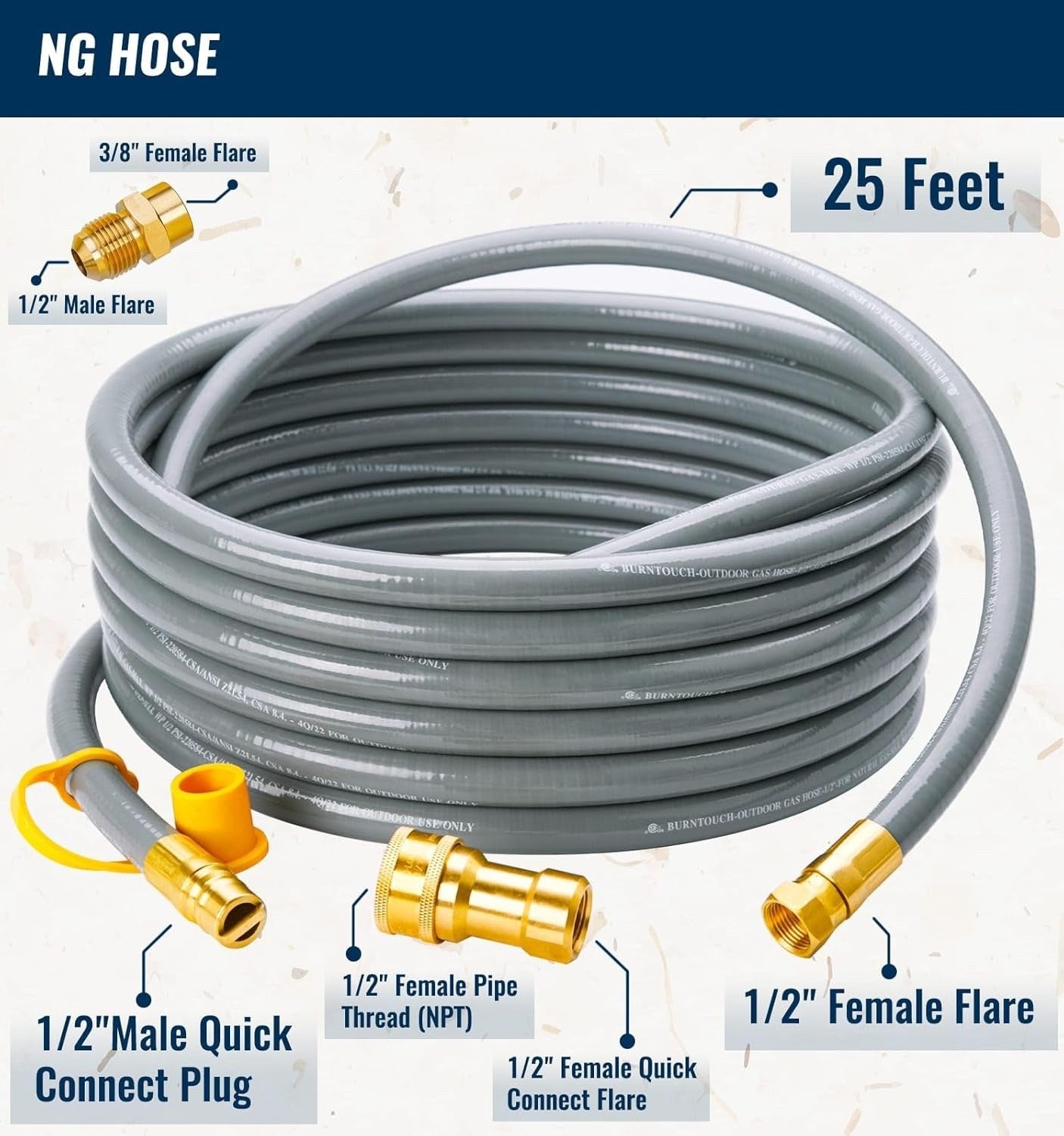 25 Feet 1/2 inch ID Natural Gas Grill Hose with Quick Connect Fittings, Natural