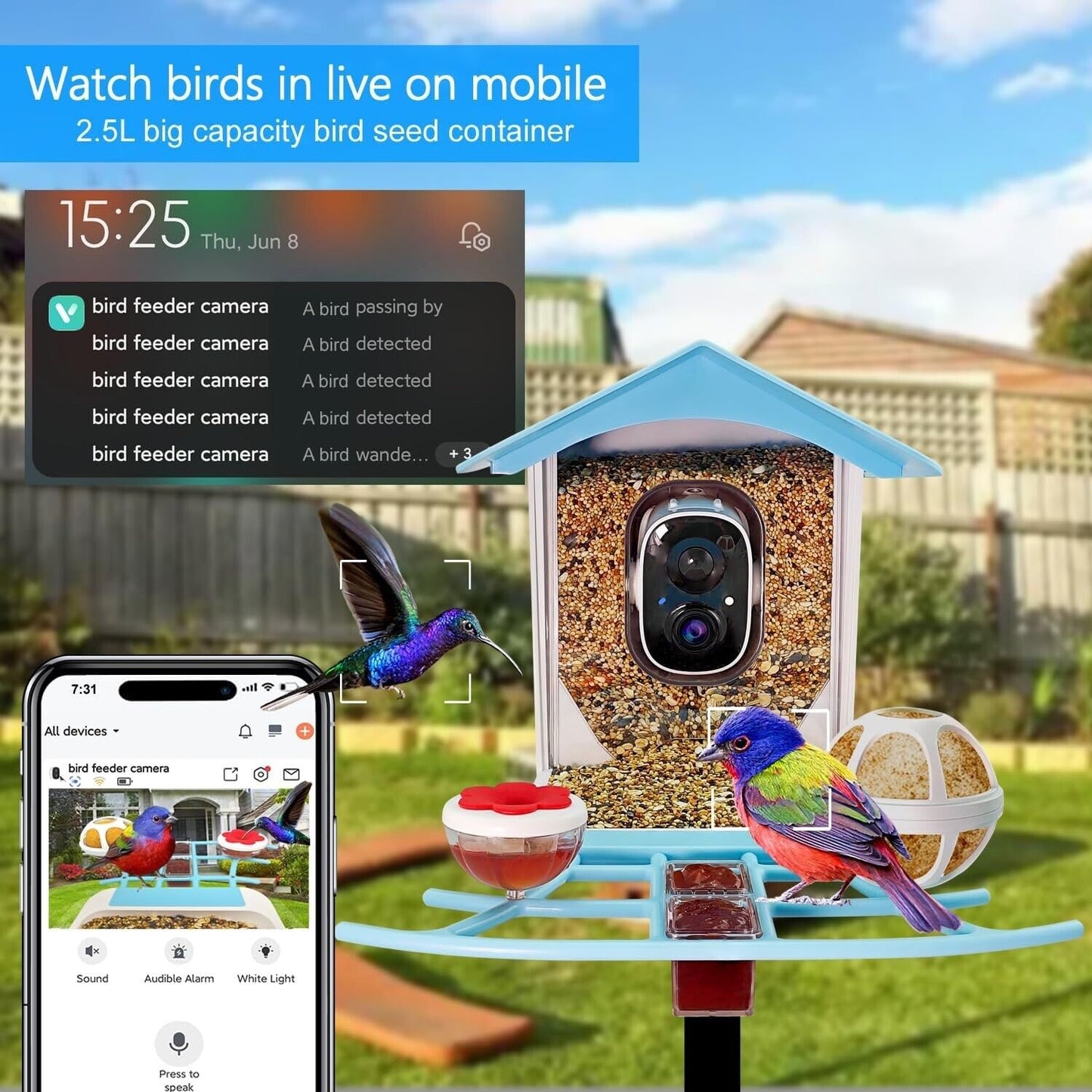 64GB Smart Bird Feeder with Camera Solar Powered, 2K 3MP HD Live Video