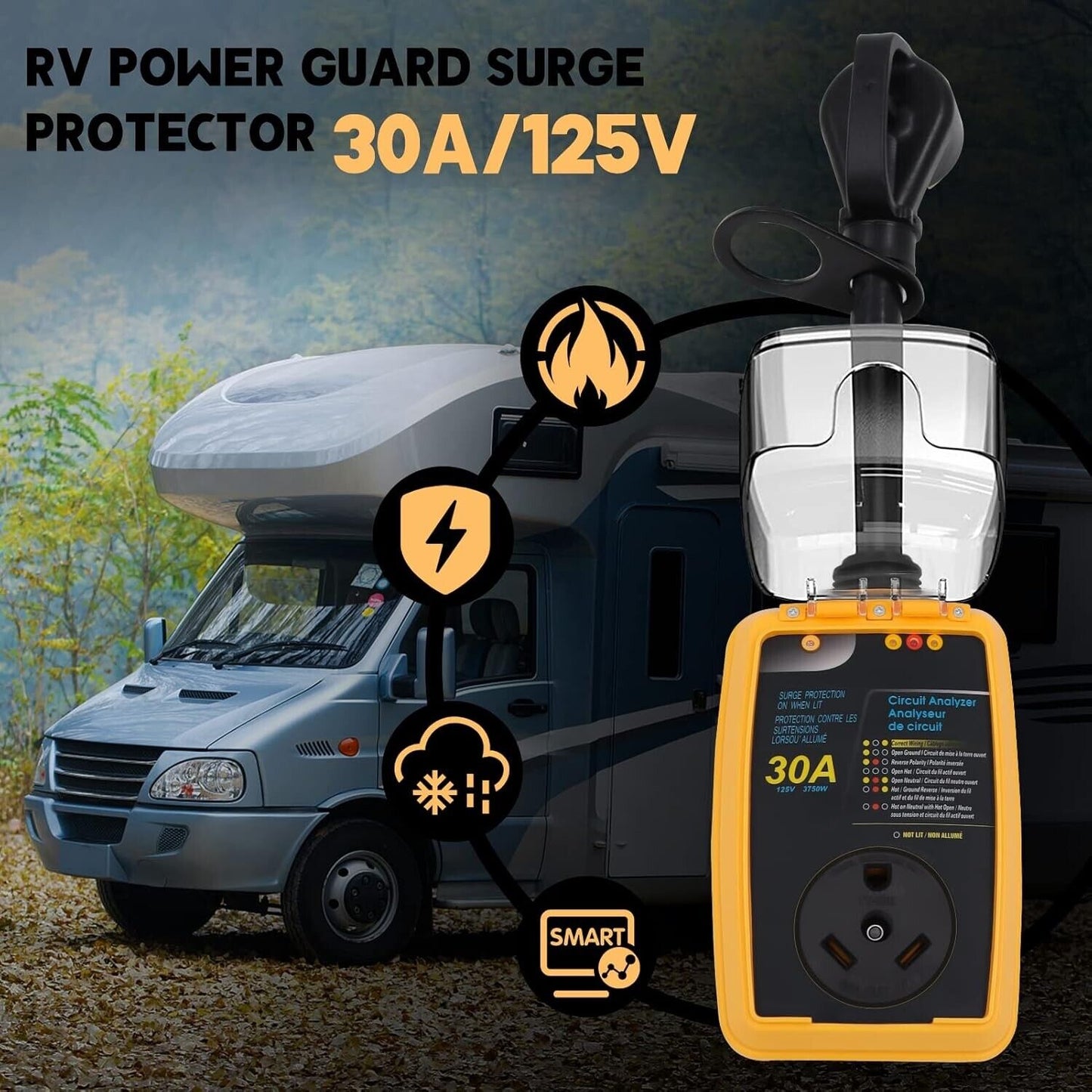 30 Amp Smart RV Surge Protector with Waterproof Cover All-in-1 Circuit Analyzer