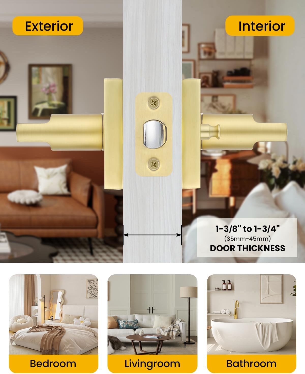 Goldenwarm Gold Door Handles Interior, Zinc Alloy Heavy Duty Brushed Gold