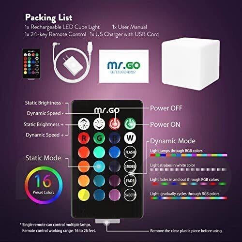 8" Rechargeable RGB LED Light Cube: Waterproof, 16 Colors, 4 Modes, Dimmable wit