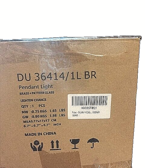 Modern 1-Light Brass Chandelier with Diamond Pattern Glass Shade - New