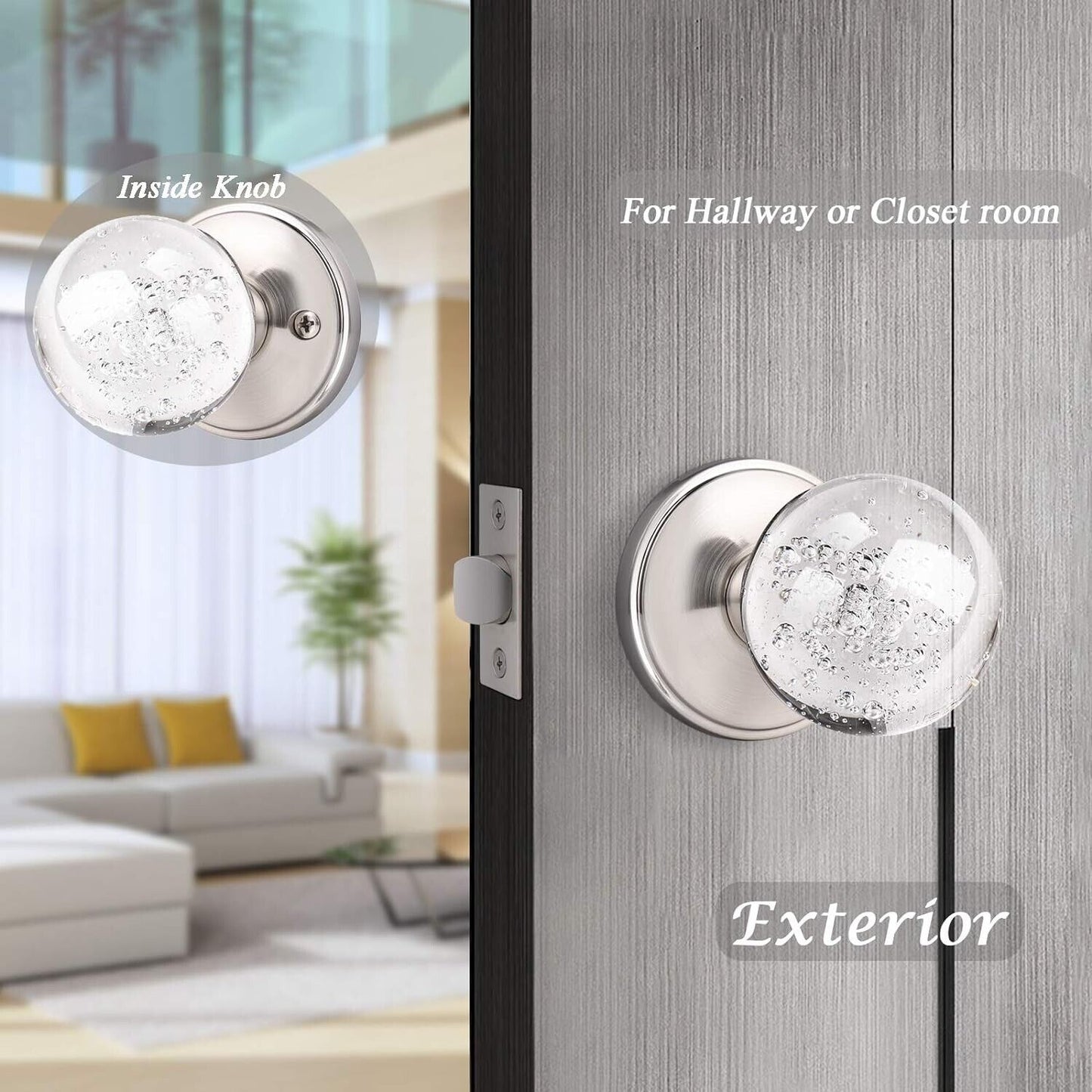 Orger 5 Pack Passage Door Knob Sets, Round Clear Bubble Glass Door Handles, Keyl