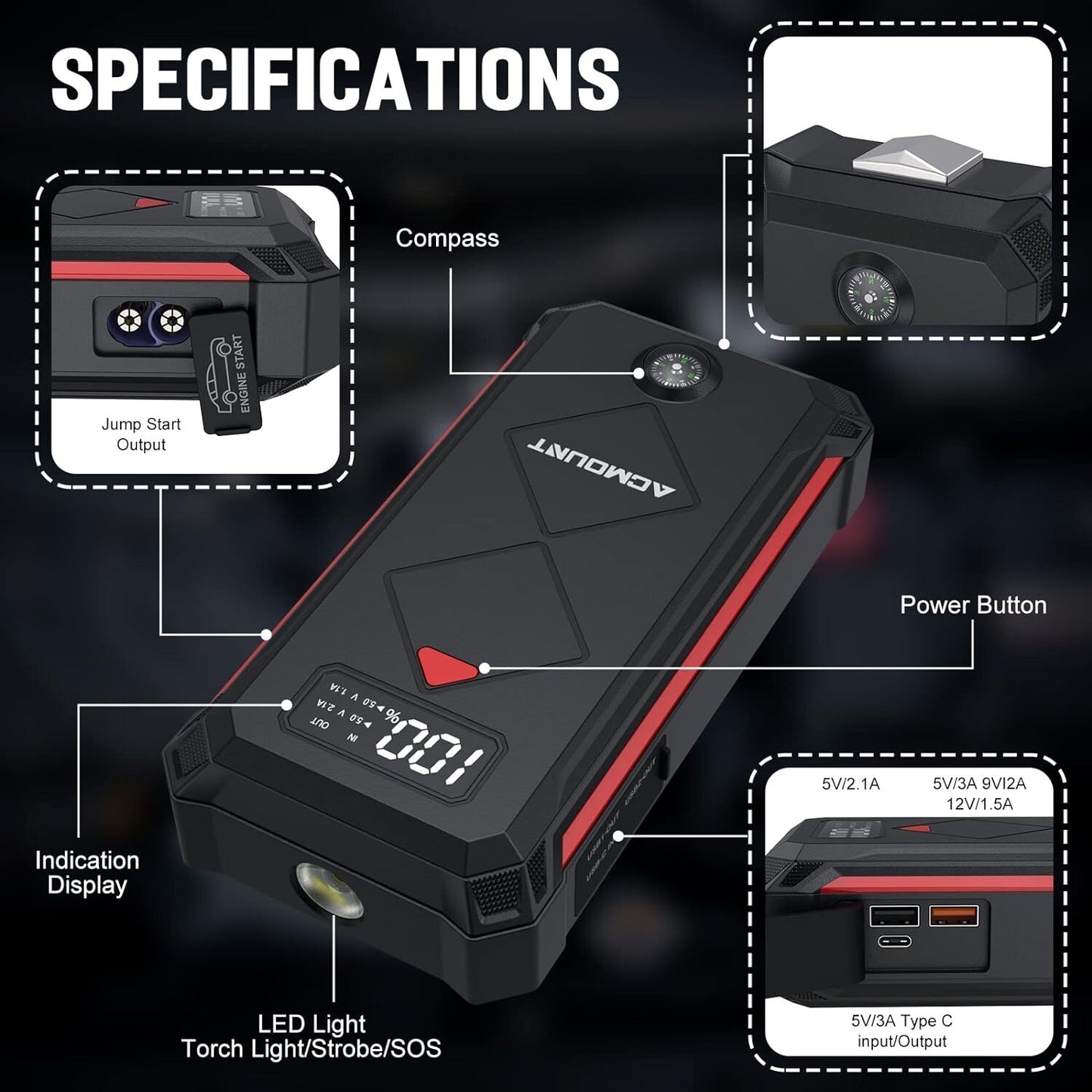 ACMOUNT P100 Car Jump Starter, 3000A Peak Lithium Jump Starter Battery Pack(NEW)