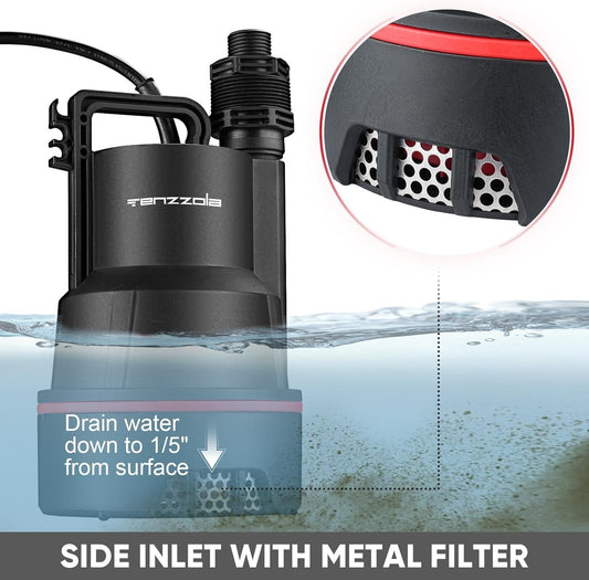 Sump Pump, 1/3 HP 2400GPH Submersible Utility Water Pump, Thermoplastic Portable