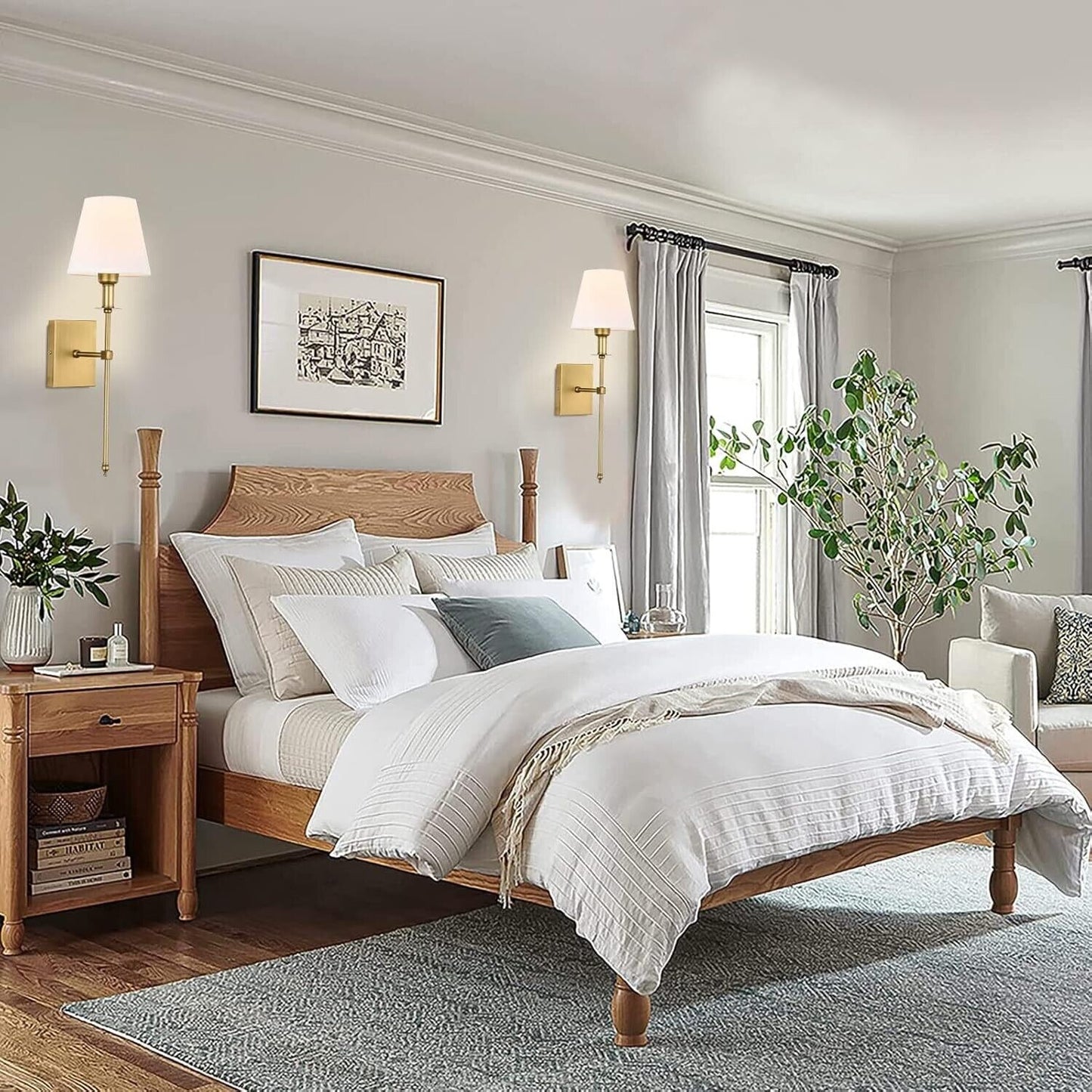 Pauwer Slim Wall Sconces Set of 2 White Fabric Shade Hardwired Indoor Light