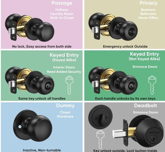 TICONN Round Door Knobs, Ball Door Knob with Dead Bolt, Door Handle 5 pack