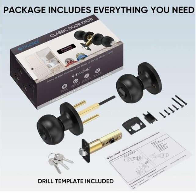TICONN Round Door Knobs, Ball Door Knob with Dead Bolt, Door Handle 5 pack
