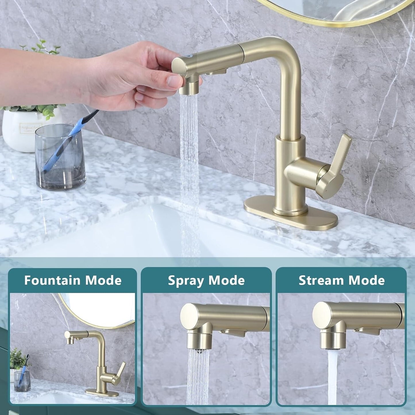 Bathroom Sink Faucet with Pull Out Sprayer Single Handle Modern Bathroom Basi...