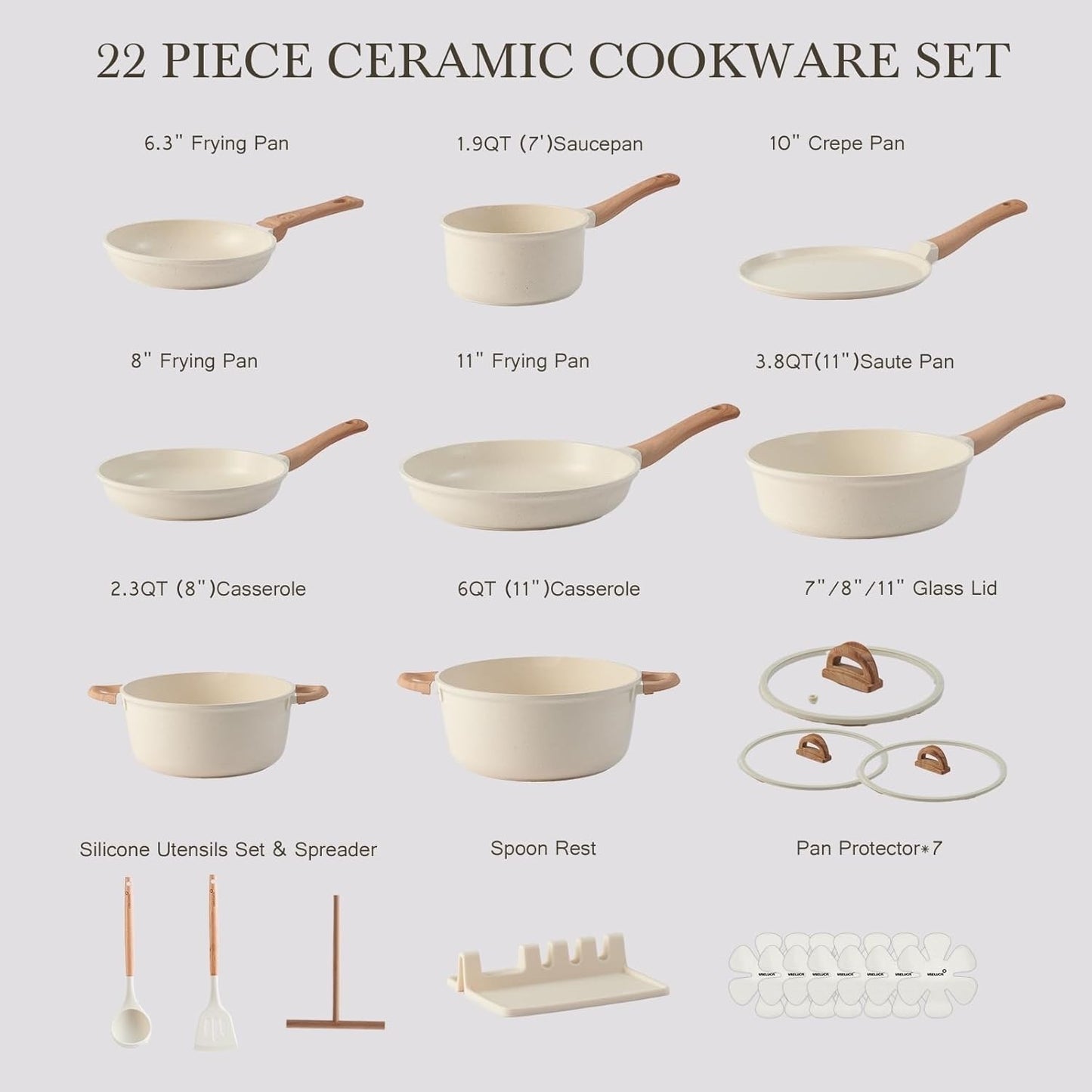 22 Pcs Pots and Pans Set Non Stick Non-Toxic Ceramic Kitchen Cookware Sets Nonst