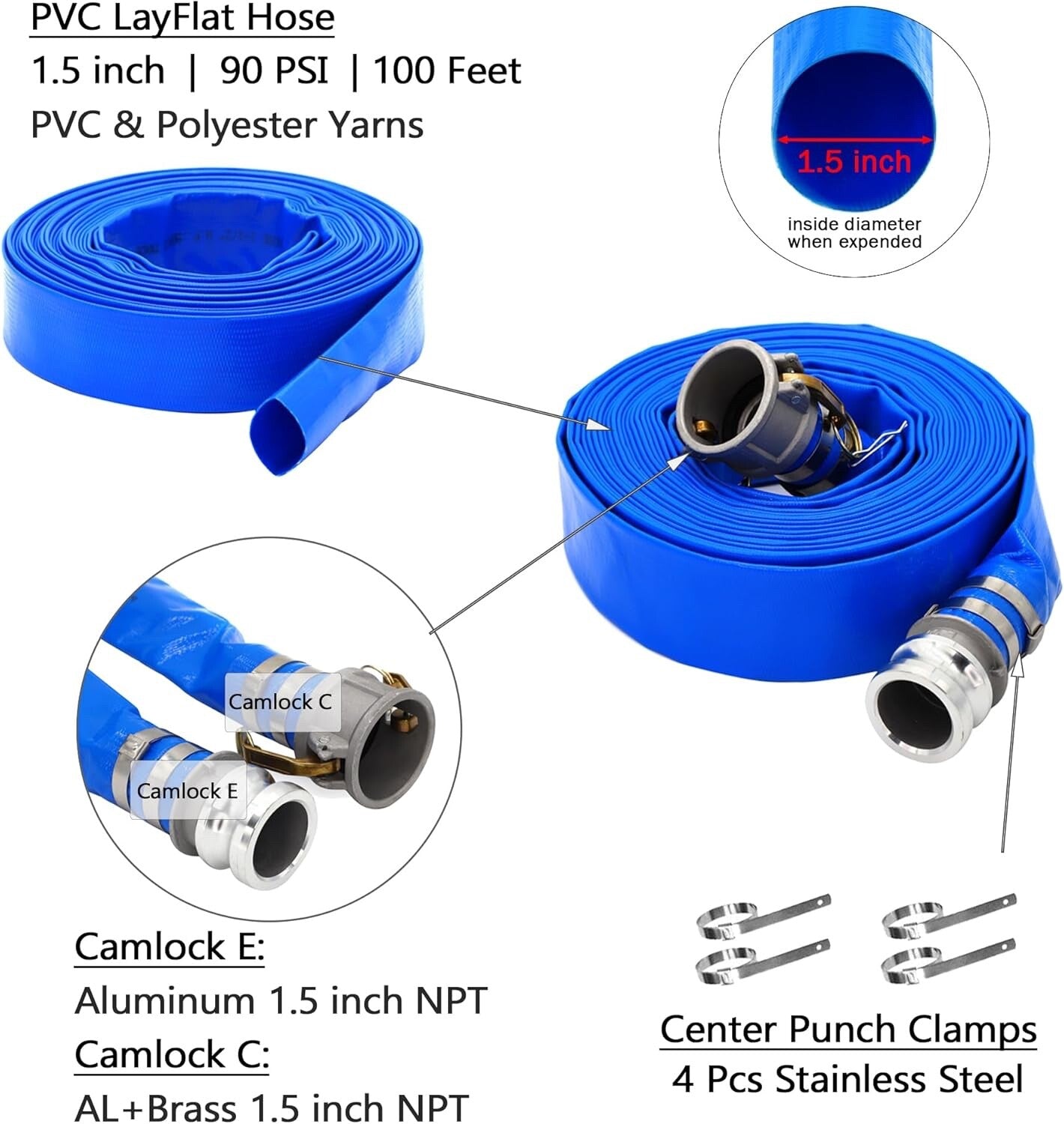1.5" ID × 100 ft Pool Backwash Hose, Heavy Duty Reinforced Blue PVC Lay Flat ...