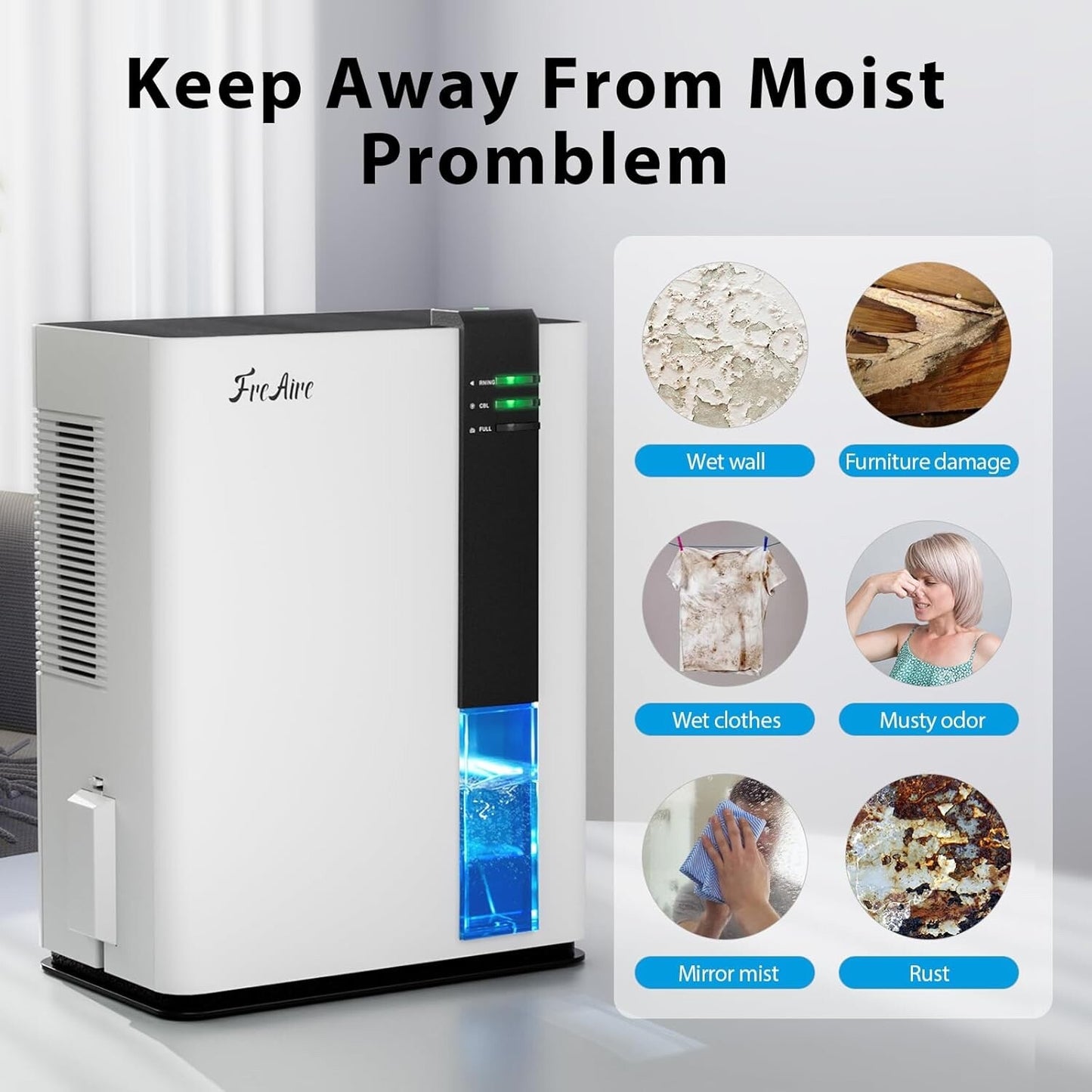 FreAire Dehumidifier for Bathroom, Auto Shut Off | Quiet | 88 OZ Water Tank