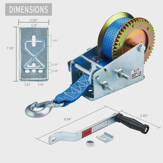 OPENROAD Boat Winch 3500lbs Hand Winch, with 32ft Blue Strap and 2 Speed swit...