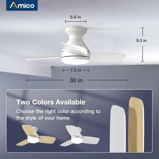 Amico Ceiling Fans with Lights, 30 inch Low Profile Ceiling Fan with Light