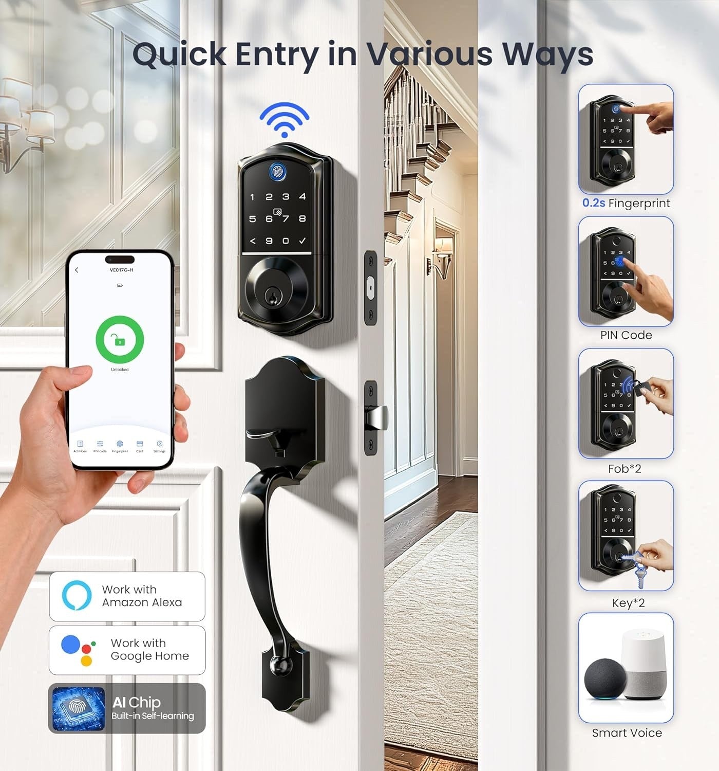 Veise VE017G-H Wi-Fi Smart Fingerprint Front Door Lock Set, Remote App Control,