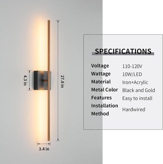 Modern Light Fixture Set of Two 27.8x4.3x3.4in Black and Gold