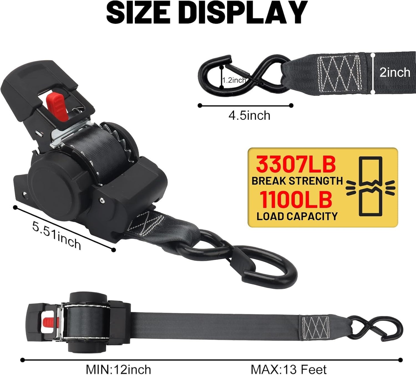 Erickson 34416 Retractable Ratcheting Tie-down Strap 3300 LB 8 FT L X 2 in W