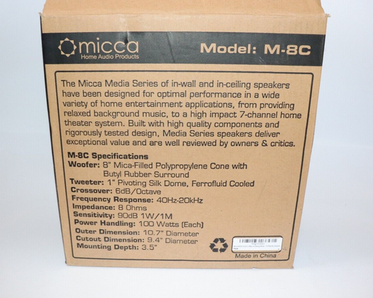 Micca M-8C White 2-Way Media Series 100 Watts 8 Inch In-Ceiling Speaker NEW