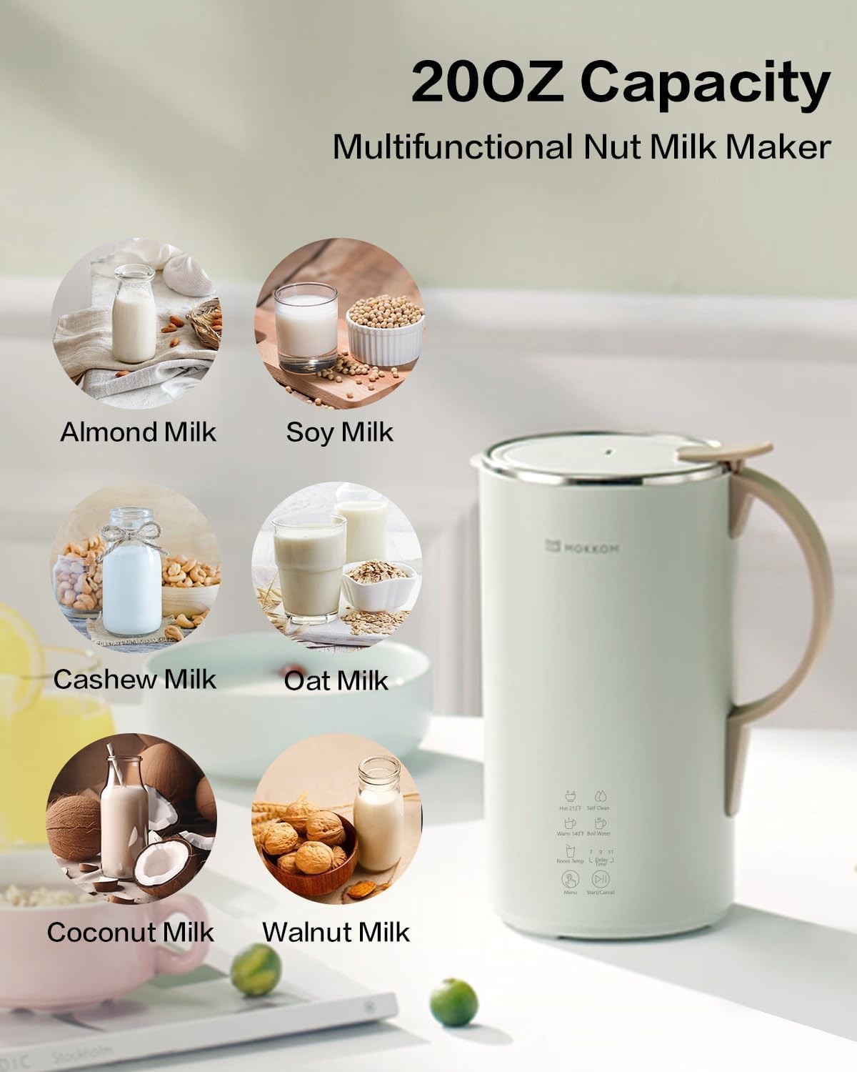 MOKKOM Automatic Nut Milk Maker, 20 oz Soy Milk Maker, Homemade Almond, Oat,