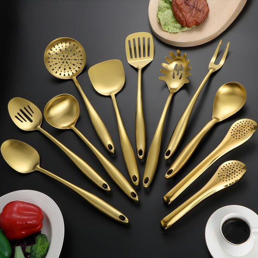 304 Stainlss Steel Matte Kitchen Utensils Set, 11 Pcs Long Metal Cooking Utensil
