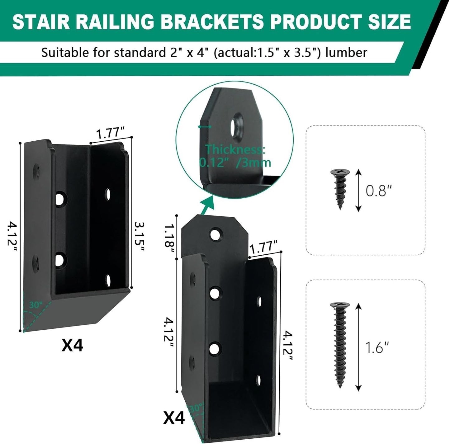 8 PCS Deck Railing Bracket Connectors, U-Shaped Concealed Brackets for 2"x4