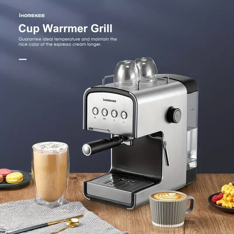 Ihomekee CM6822 Silver Black 15-Bar Fast Heating Removable Tank Espresso Machine