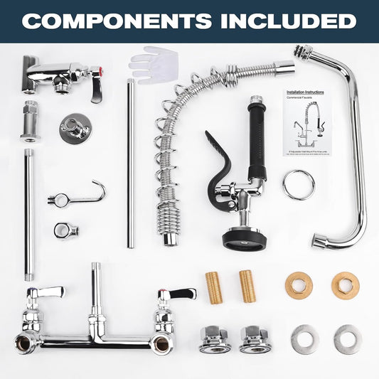 Commercial Sink Faucet - 25" Height Wall Mount With Pre-Rinse Sprayer - 8" Adjus