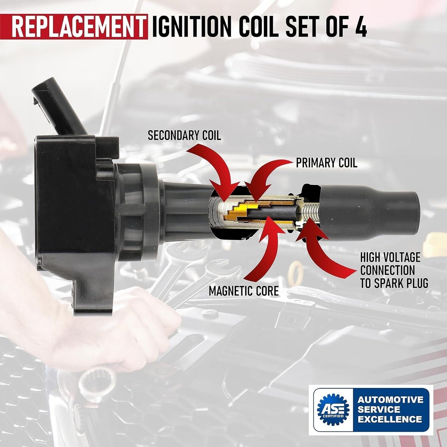Ignition Coil Pack Set of 4 - Compatible with Hyundai, Kia, Genesis 2.0L, 2.4L,