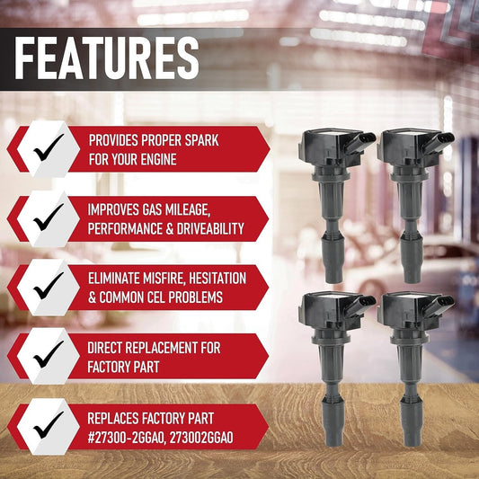 Ignition Coil Pack Set of 4 - Compatible with Hyundai, Kia, Genesis 2.0L, 2.4L,