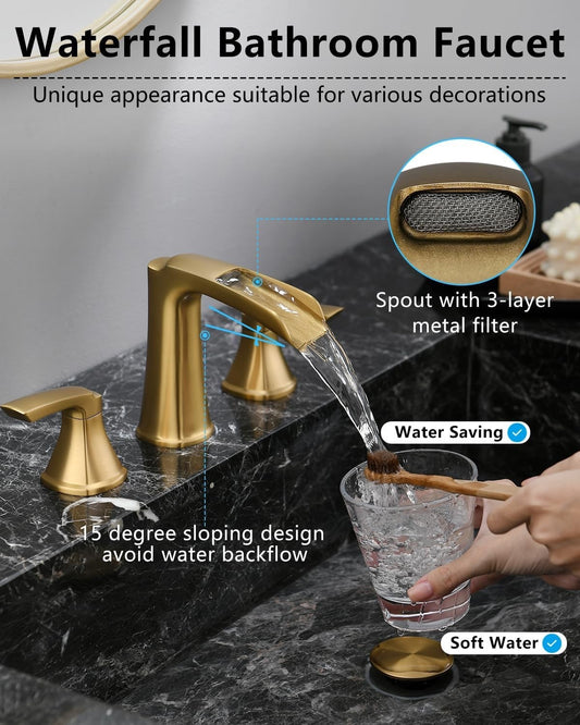 Fapully Brushed Gold Bathroom Faucet 3 Hole, Waterfall 8 Inch Widespread Bathroo