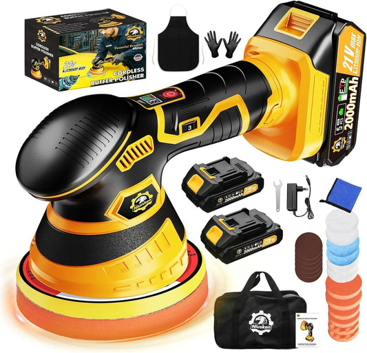 Cordless Car Buffer Polisher kit [2x 2000mAh 21V Batteries & 18 PCS Attachments]