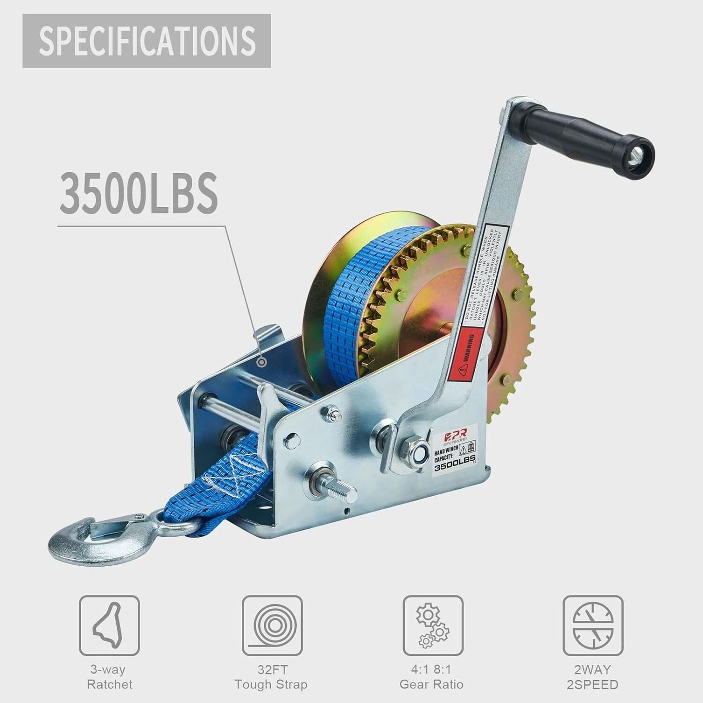 OPENROAD Boat Winch 3500lbs Hand Winch, with 32ft Blue Strap and 2 Speed swit...