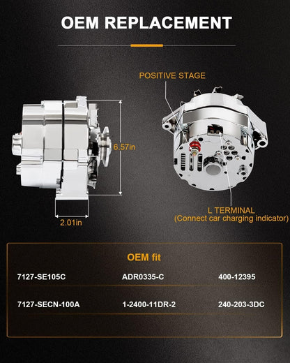 ROADFAR New Alternator High Output 100 AMP Chrome 1 Wire Replacement