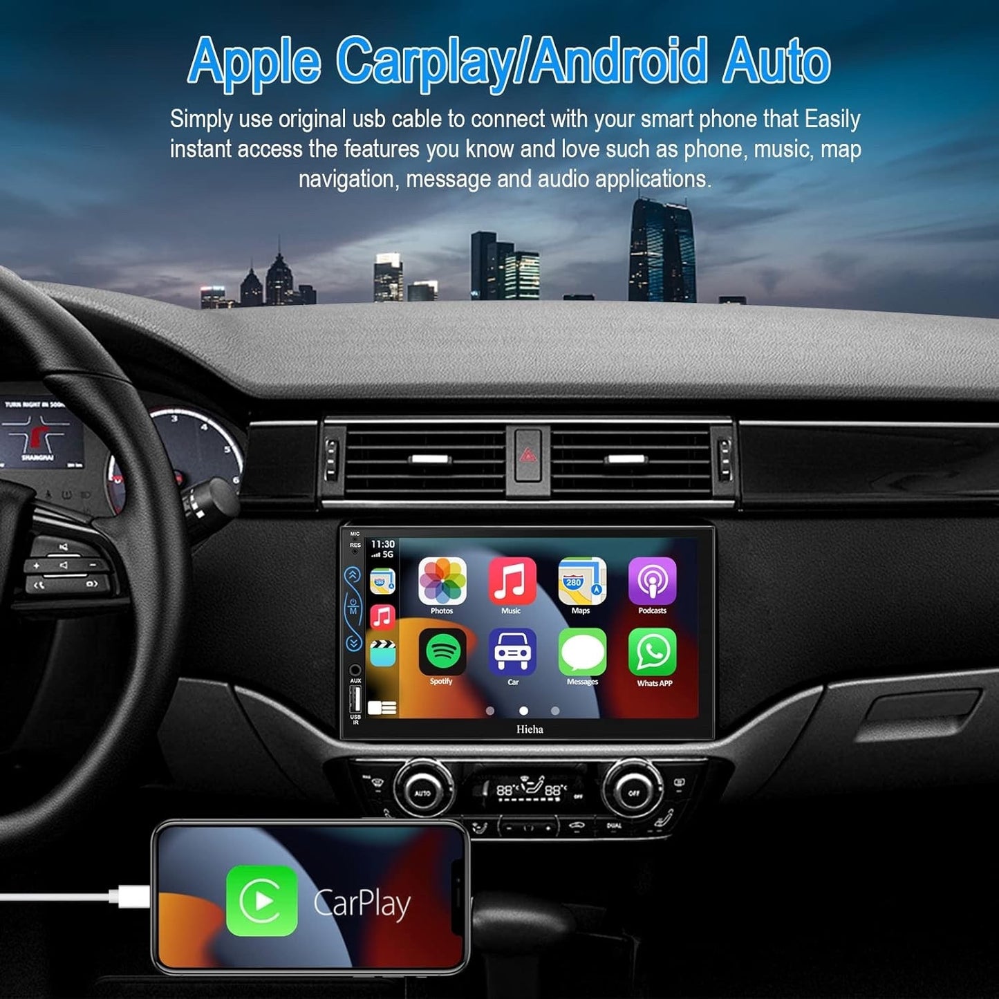 Hieha Car Stereo Compatible with Apple Carplay and Android Auto, 7 Inch Double