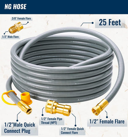25 Feet 1/2 inch ID Natural Gas Grill Hose with Quick Connect Fittings, Natural