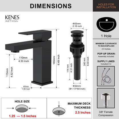 KENES Matte Black Single Handle Bathroom Sink Faucet, Stainless Steel Vanity