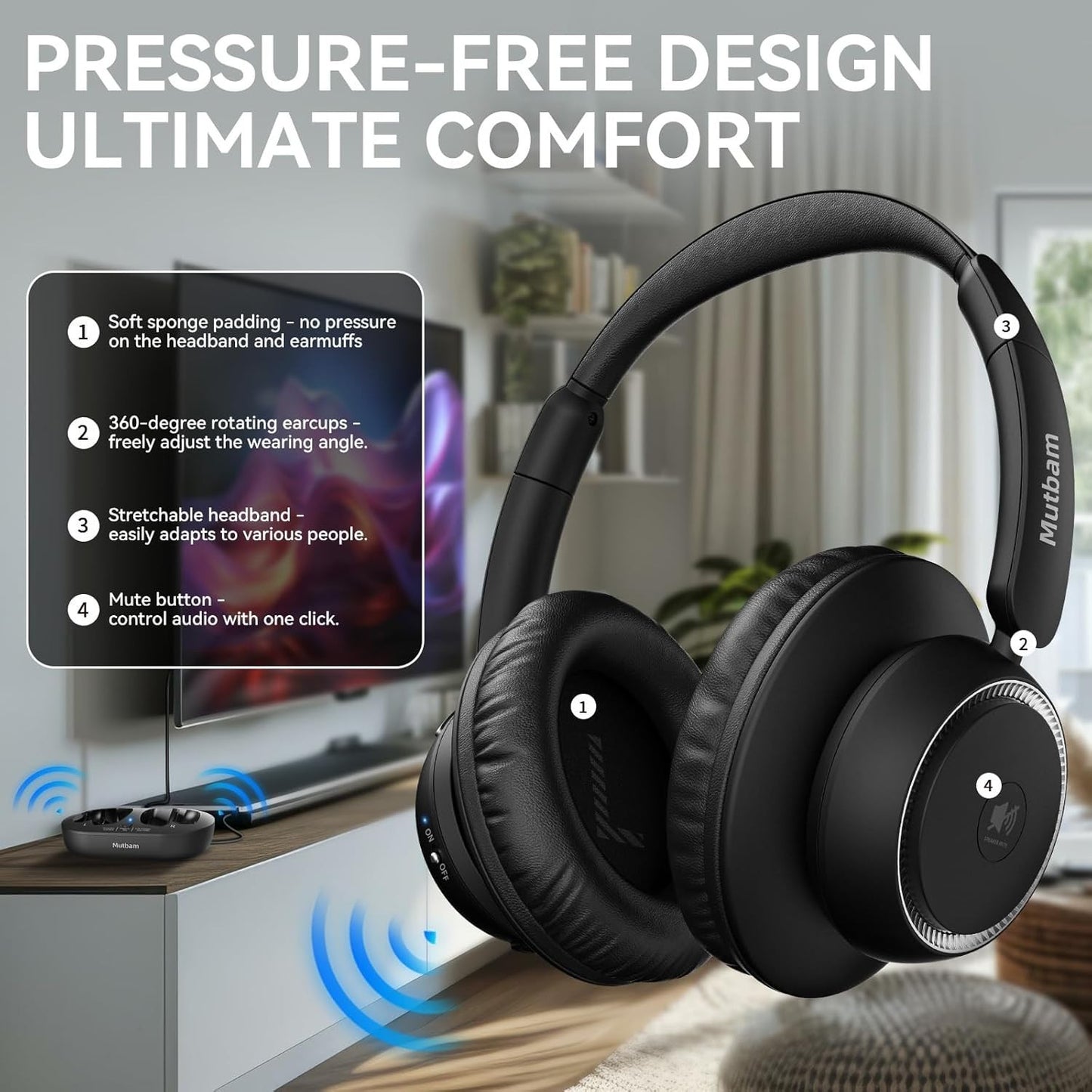 Wireless Headphones for TV, TV Headphones Wireless for Seniors with Charging