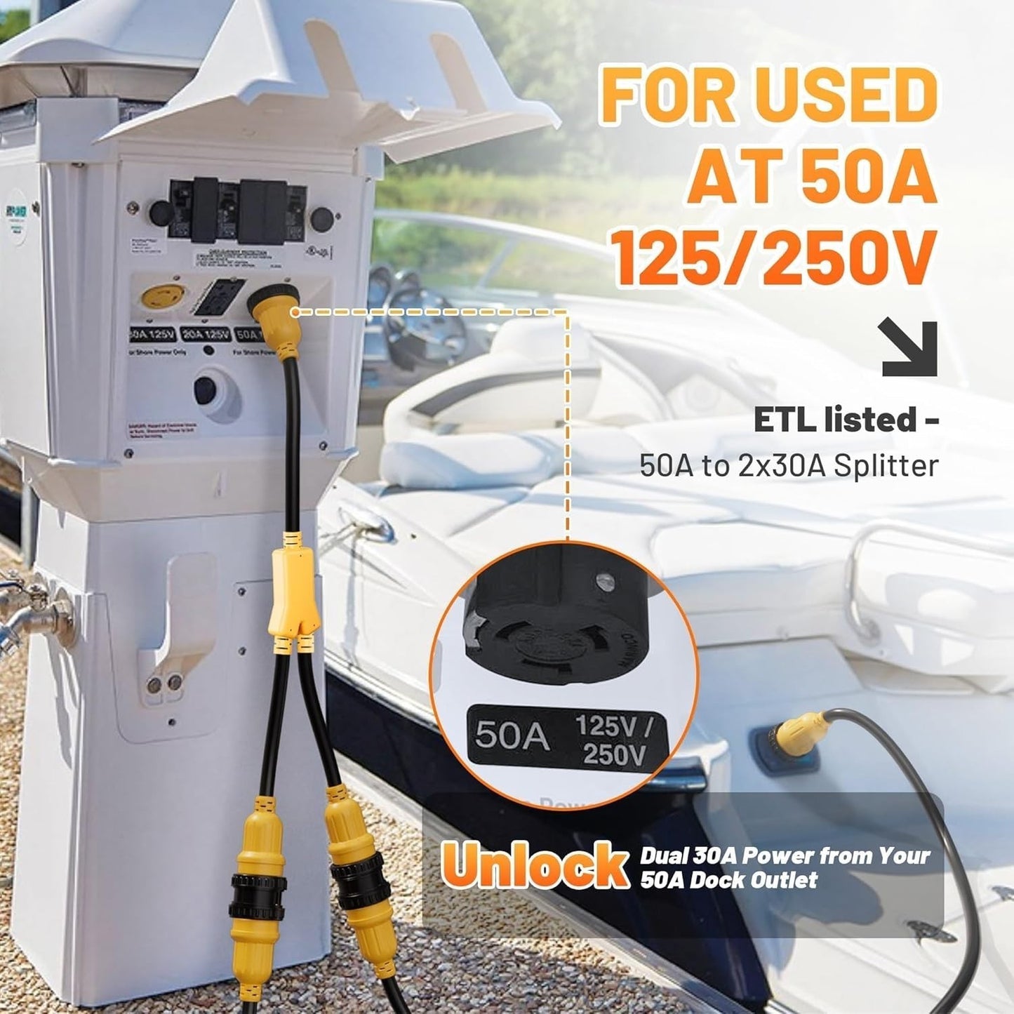 MECMO 50 Amp 125/250V to x (2) 30 Amp 125V Shore Power Adapter, NEMA SS2-50P