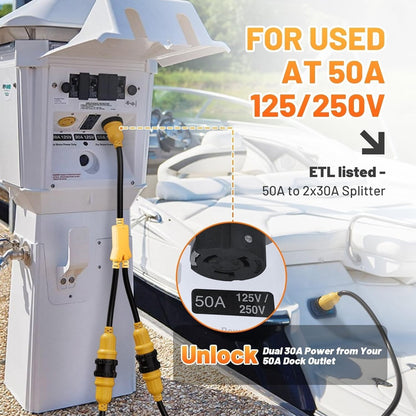 MECMO 50 Amp 125/250V to x (2) 30 Amp 125V Shore Power Adapter, NEMA SS2-50P
