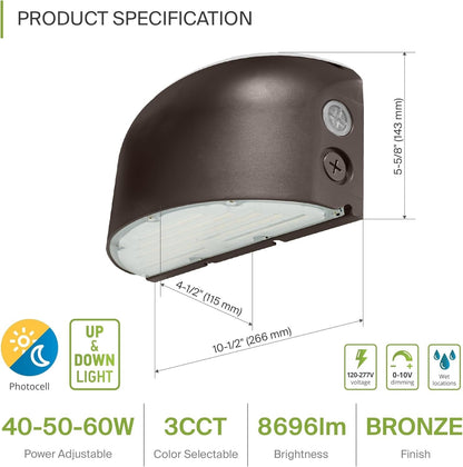 ASD 40/50/60W LED Wall Pack Light Round with Dusk to Dawn Photocell, Up & Down