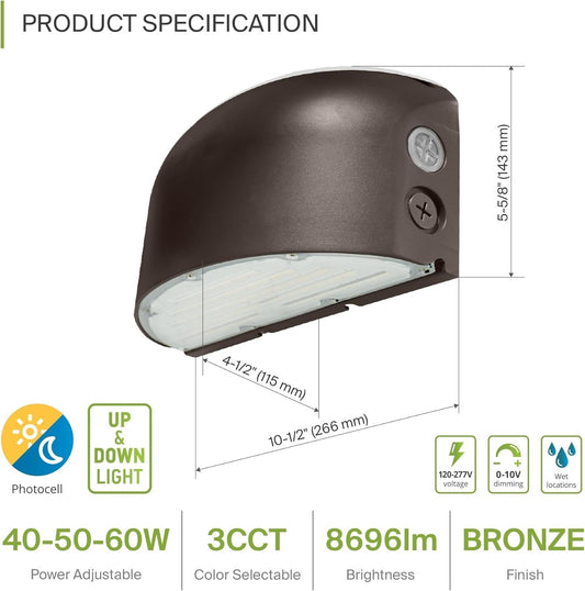 ASD 40/50/60W LED Wall Pack Light Round with Dusk to Dawn Photocell, Up & Down