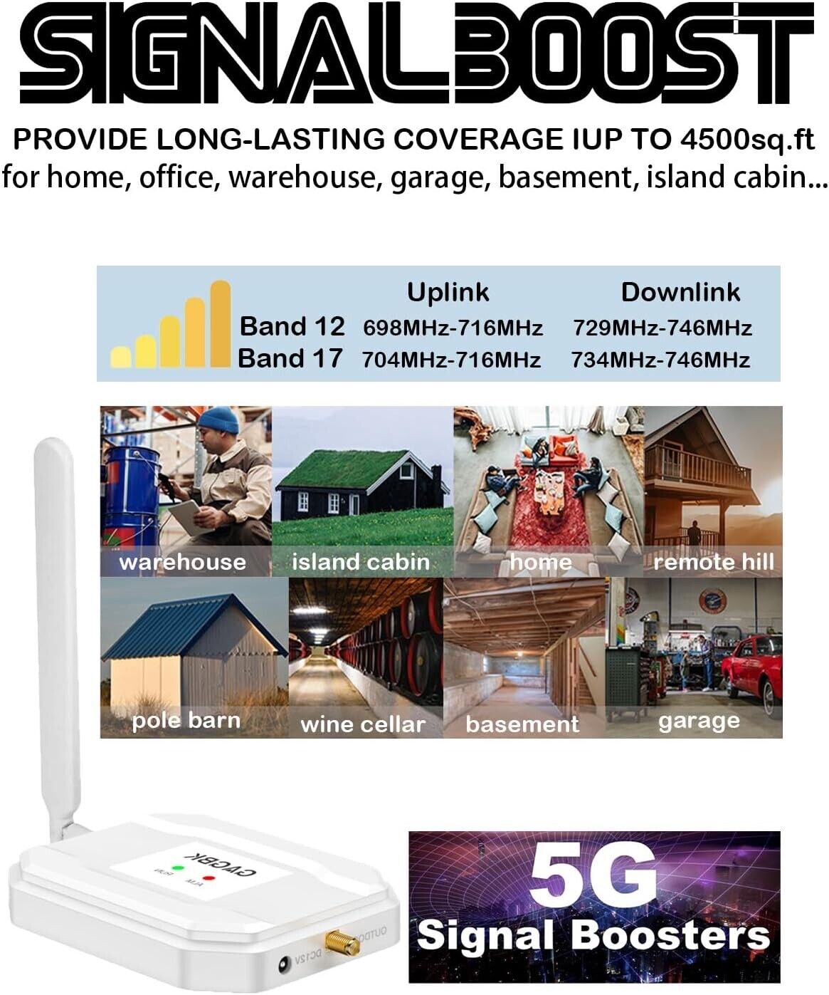 AT&T Cell Phone Signal Booster for 5G 4G LTE on Band 12/17 for Call/Data White