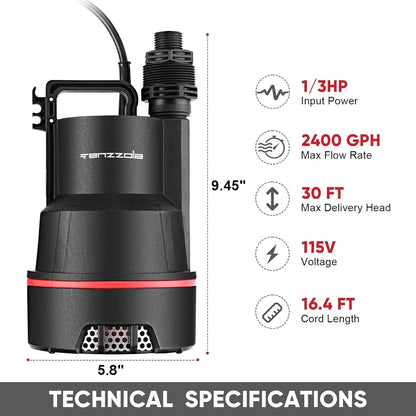 Sump Pump, 1/3 HP 2400GPH Submersible Utility Water Pump, Thermoplastic Portable