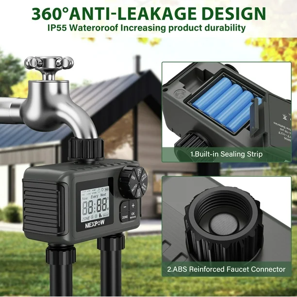 NEXPOW 2-Zone Water Timer - Outdoor Irrigation Controller with Automatic, Rain