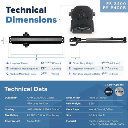 Commercial Door Closer – Black Heavy Duty Grade 1 Automatic Door Closer