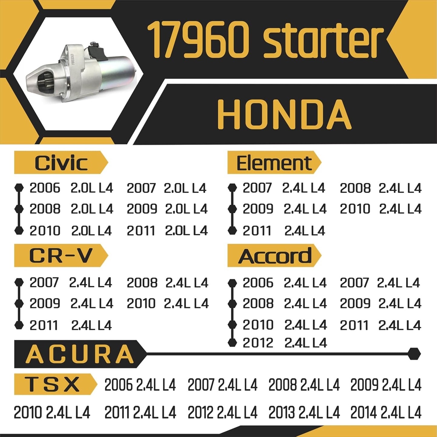 New Starter Motor Replacement for 06-12 Honda Accord 2.4L, 06-11 Civic 2.0L, 07
