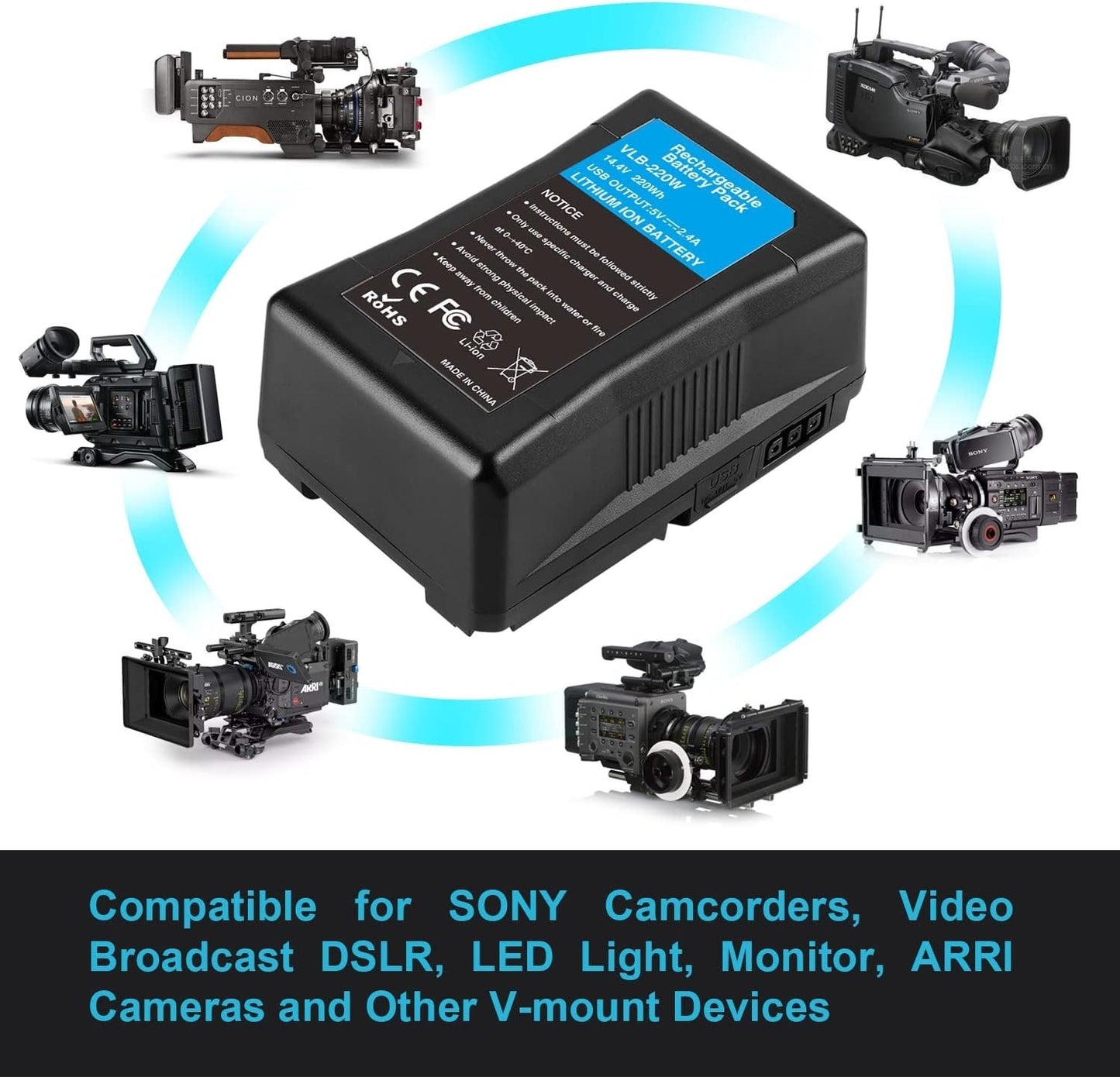 KUNLUN 220Wh 15000mAh V Mount Battery/Dtap Battery with D-TAP DC USB Ports