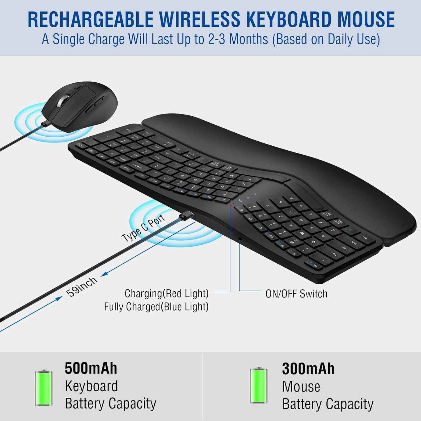 MK960 Ergonomic Wireless Keyboard Mouse Combo, Bluetooth/2.4G Split Design