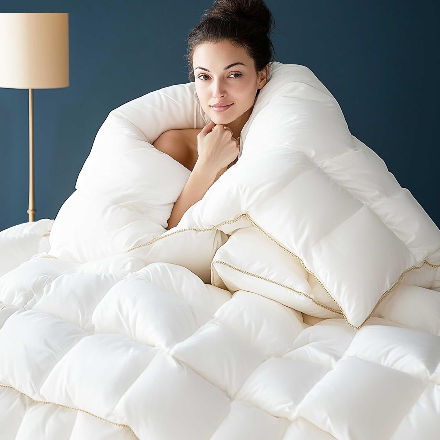 WhatsBedding Puffy White Feather Comforter Oversize King with Feathers Down